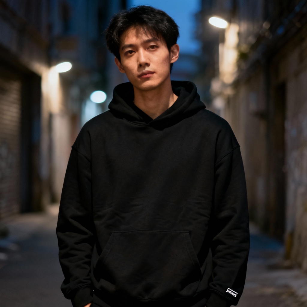 Urban streetwear hoodie mockup on model in city alley