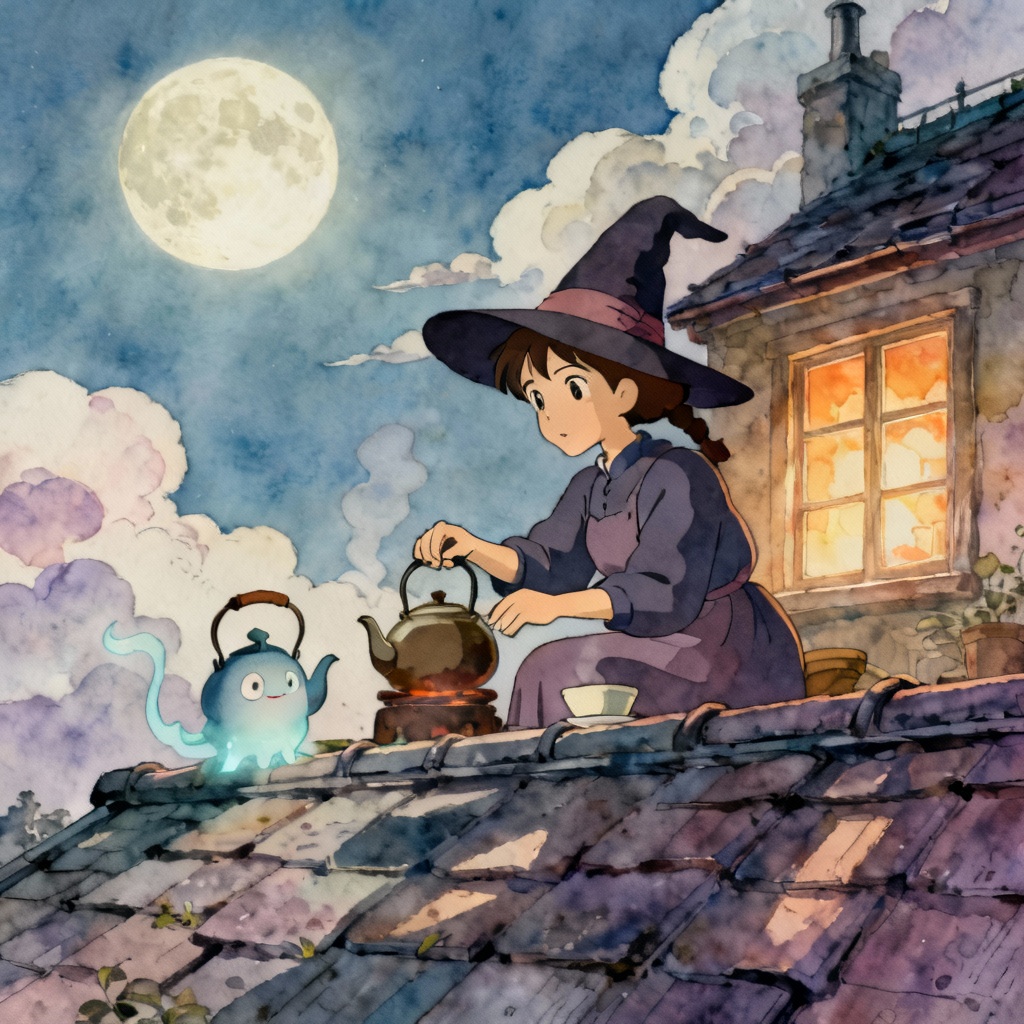 AI witch ghibli persona illustration of a moonlit tea witch with kettle spirit