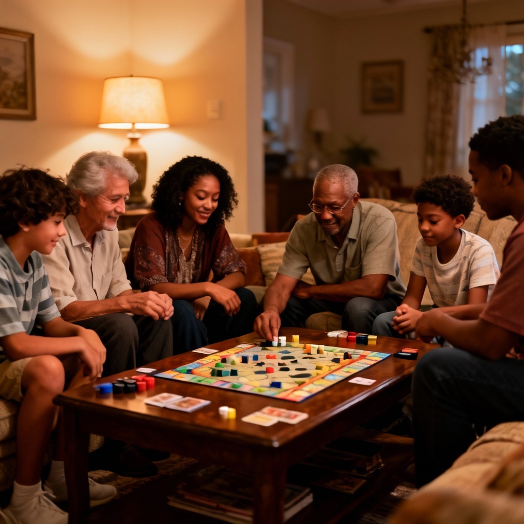 AI blended family game night portrait