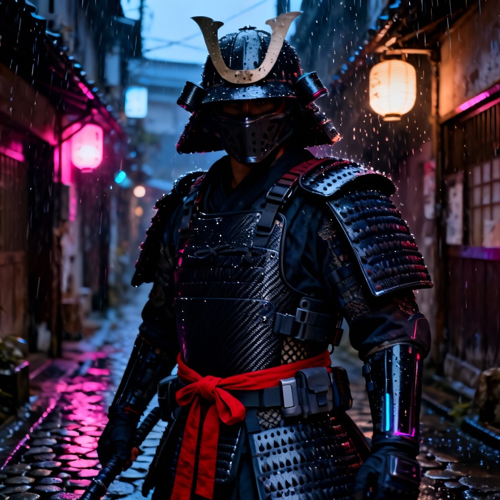 AI samurai tactical hybrid armor in rainy alley