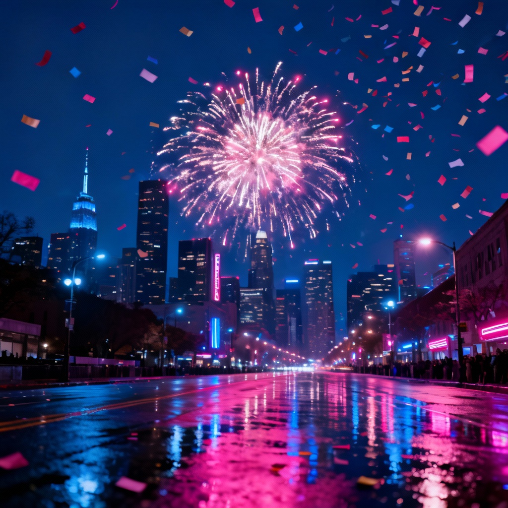 AI New Year fireworks over neon city skyline