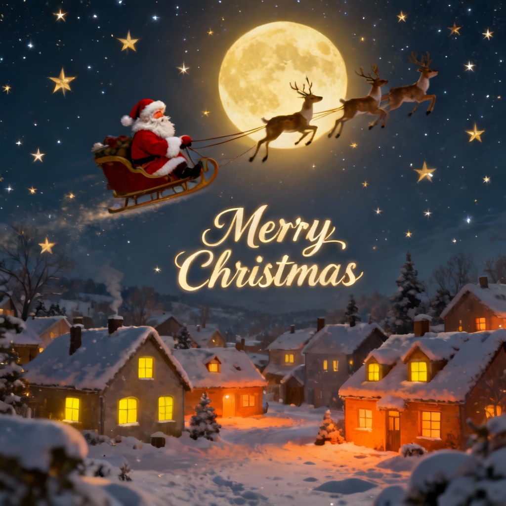AI Merry Christmas card with Santa and a snowy village under moonlight