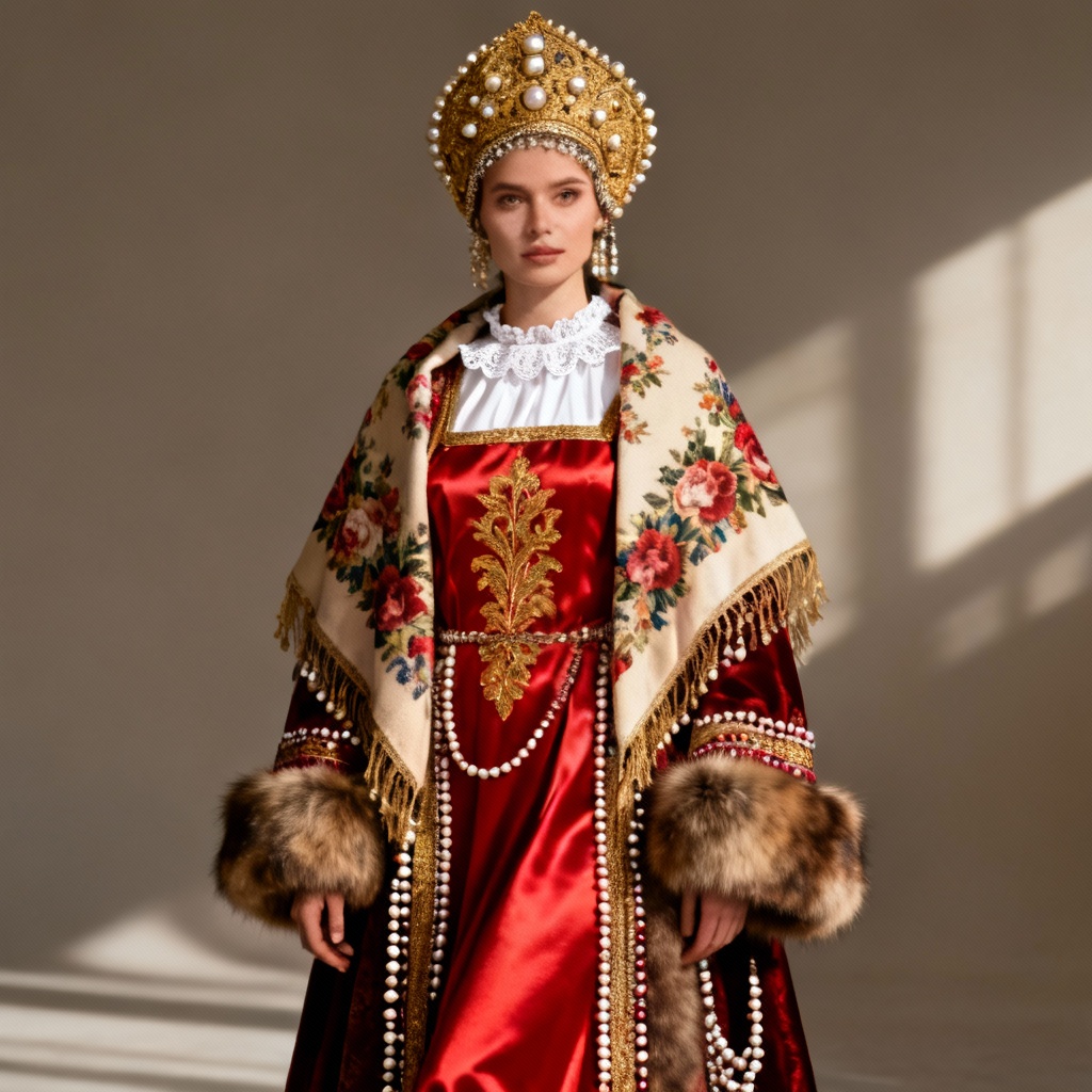 AI model in traditional Russian attire with kokoshnik and sarafan