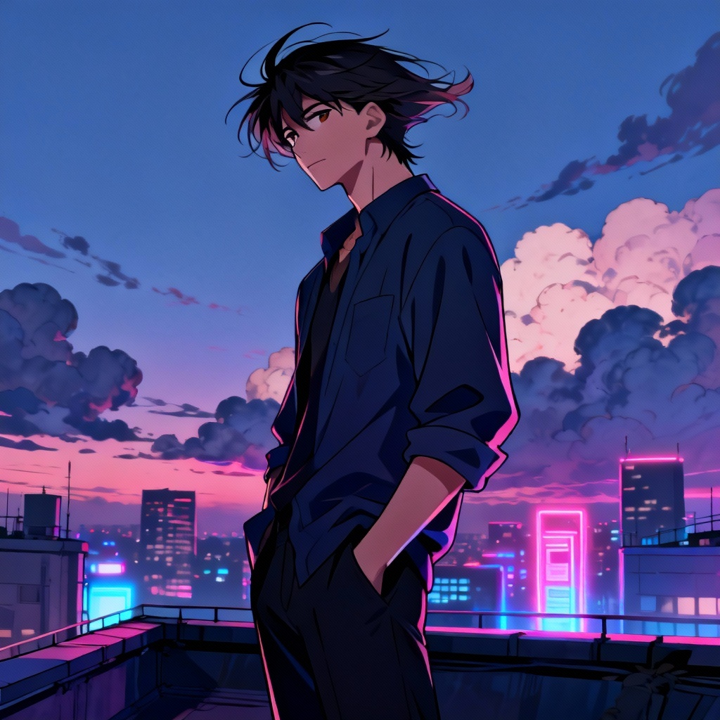 AI anime contemplative character at dusk
