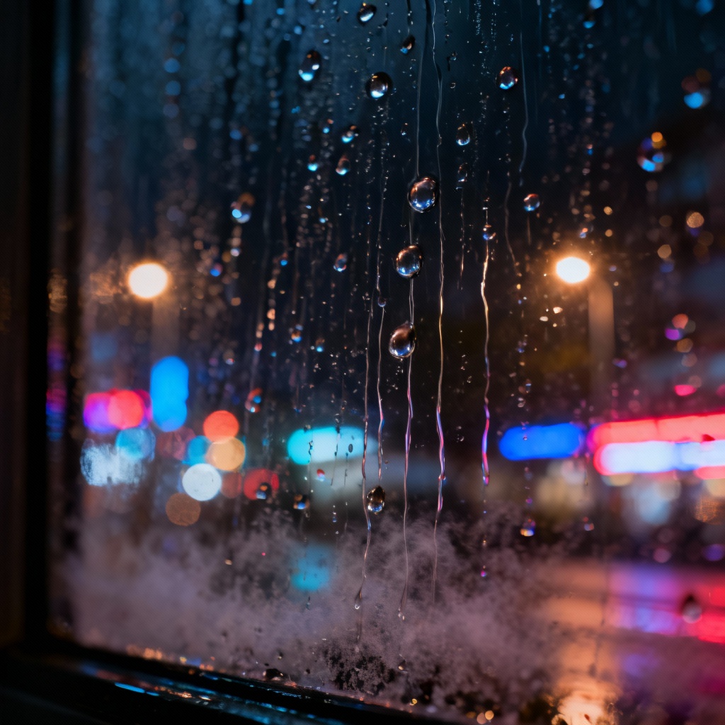 AI rain drops on a window with city lights bokeh