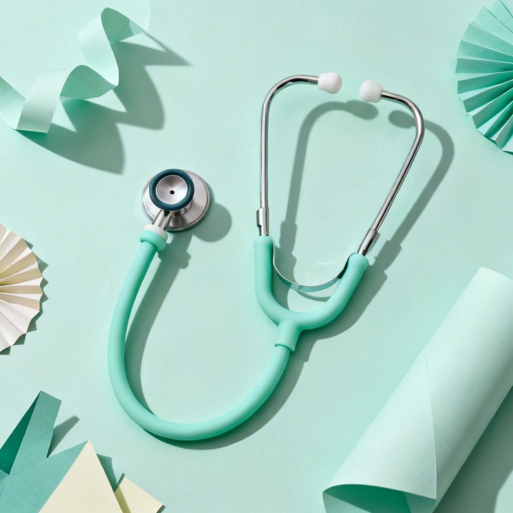 Colorful pediatric stethoscope flat lay on pastel mint