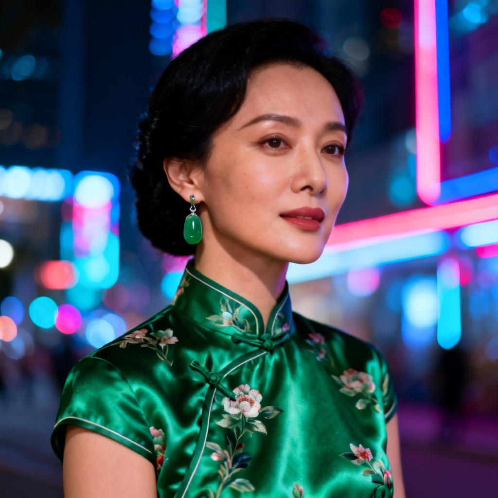 AI qipao traditional attire with neon backdrop
