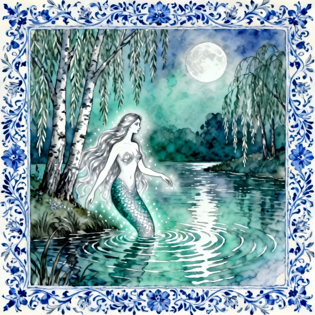 AI Rusalka by a moonlit river with willows