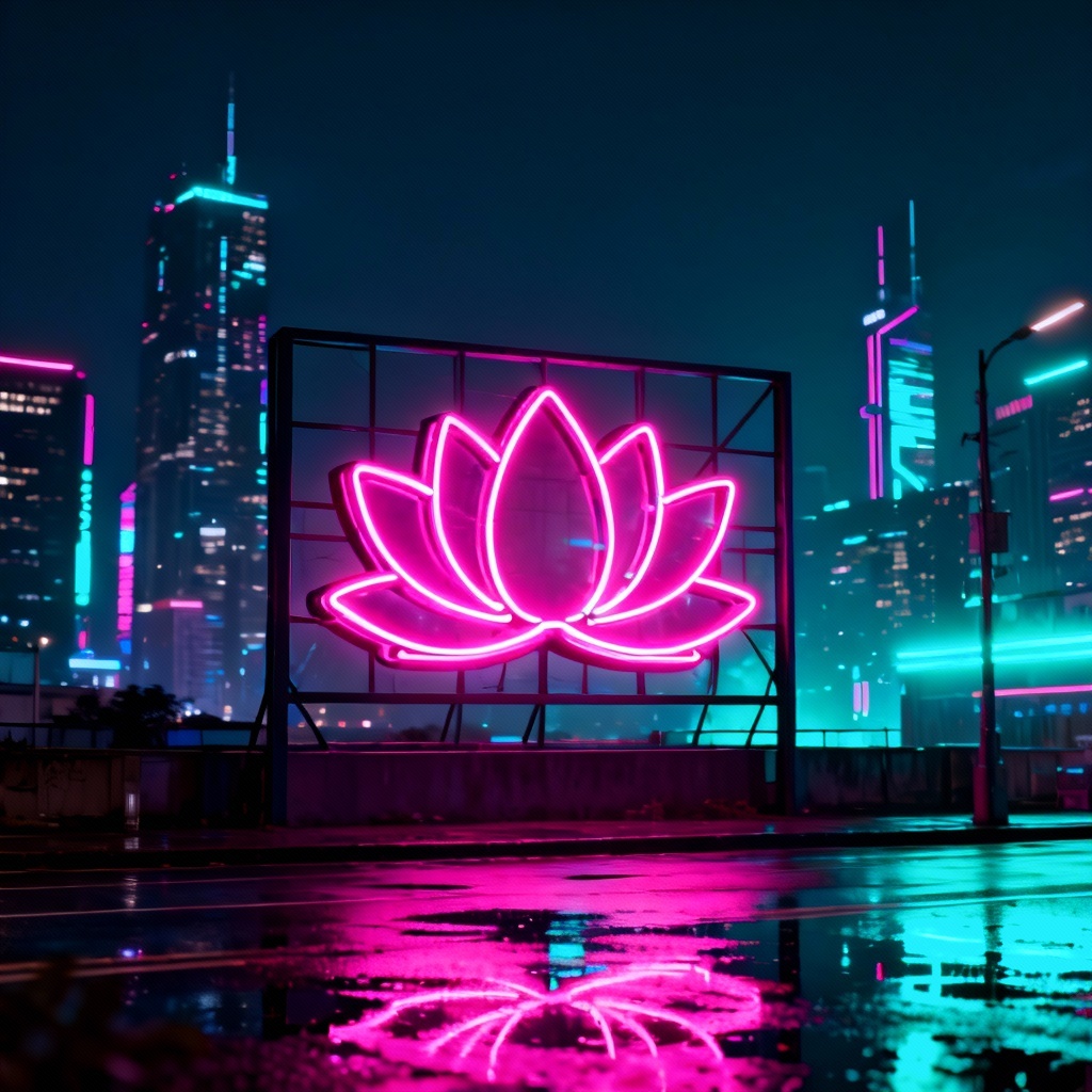 Neon lotus glowing over cyberpunk city skyline