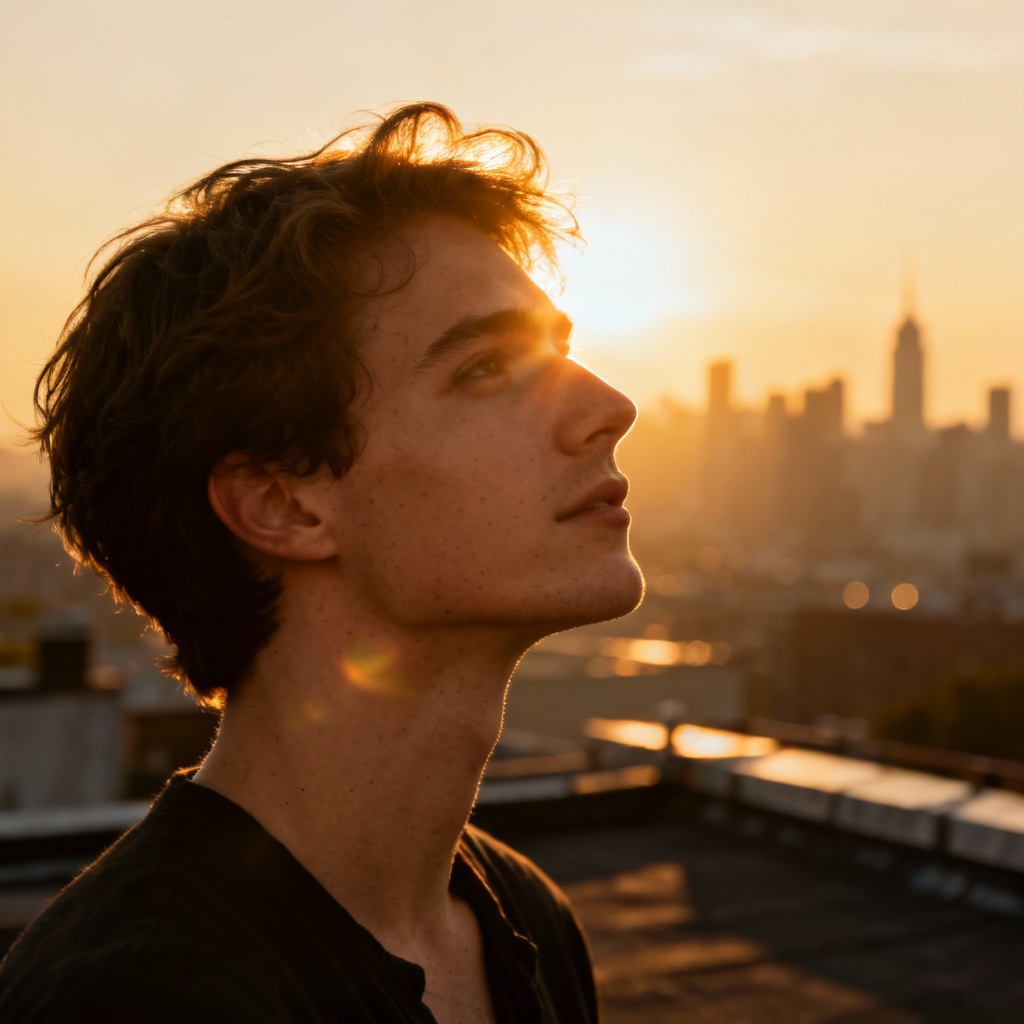 AI golden hour portrait on rooftop with warm rim light and sun flare