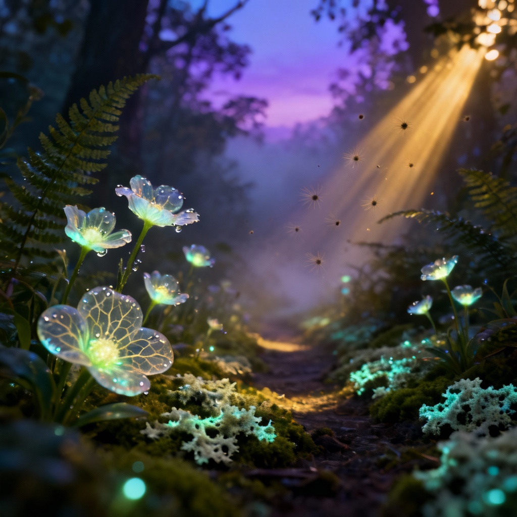 AI-generated bioluminescent flowers glowing in a misty forest