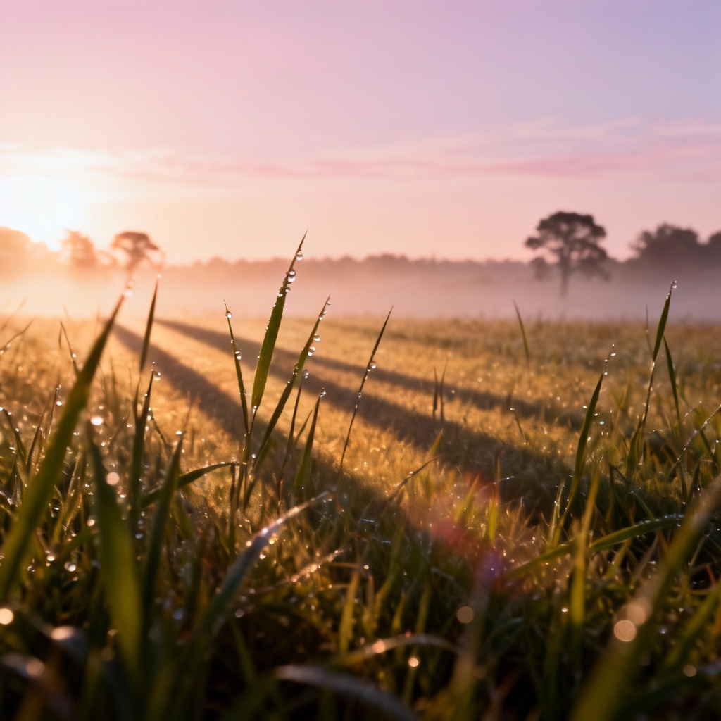 Foggy sunrise over a calm steppe with dewy grass