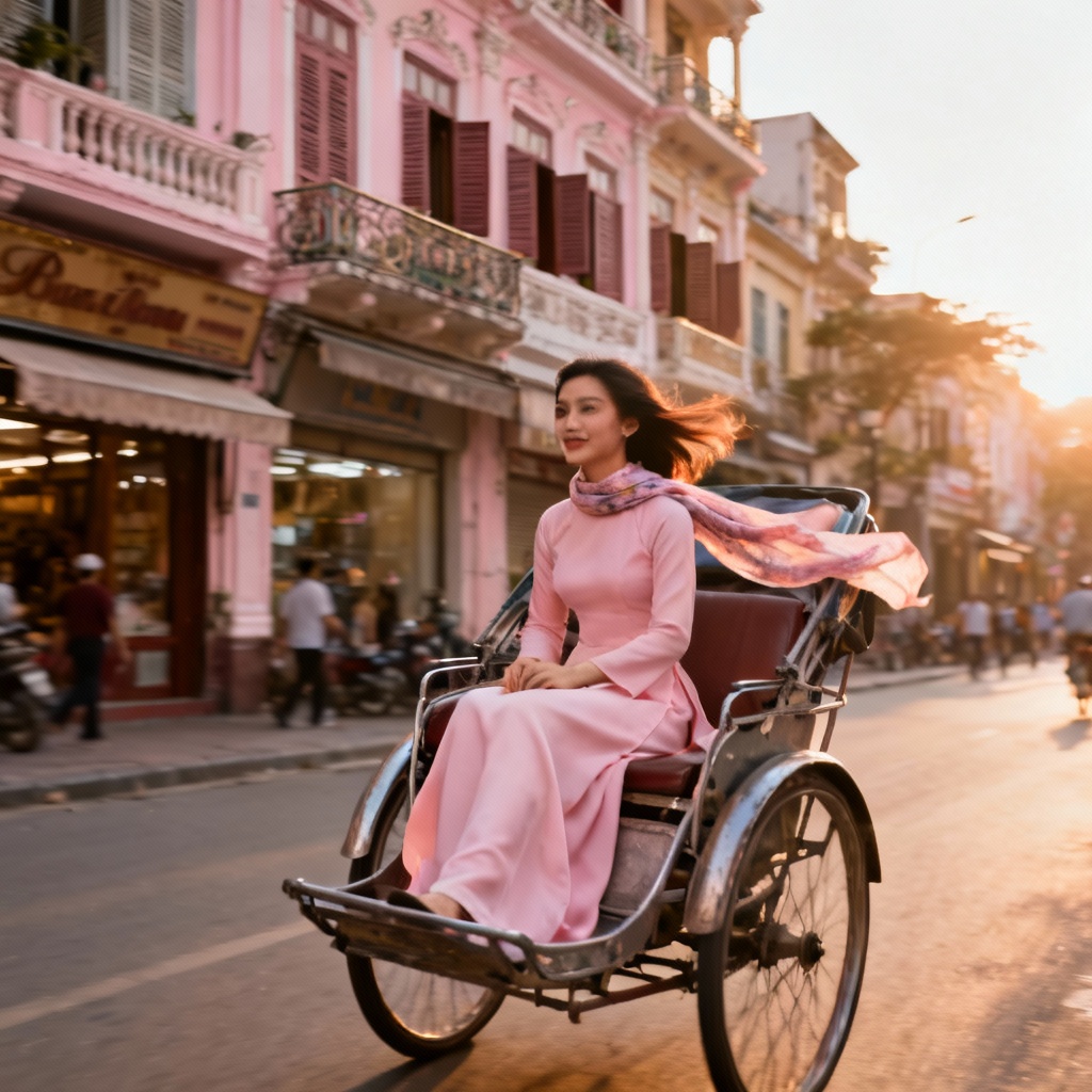 Cyclo ride with ao dai on Nguyen Hue boulevard