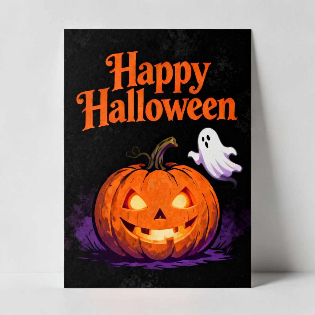 AI-generated Halloween greeting card with pumpkin, ghost and bold spooky typography