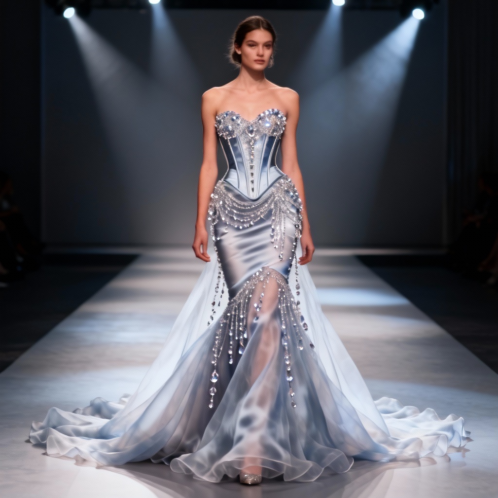 AI haute couture crystal draped mermaid gown on runway