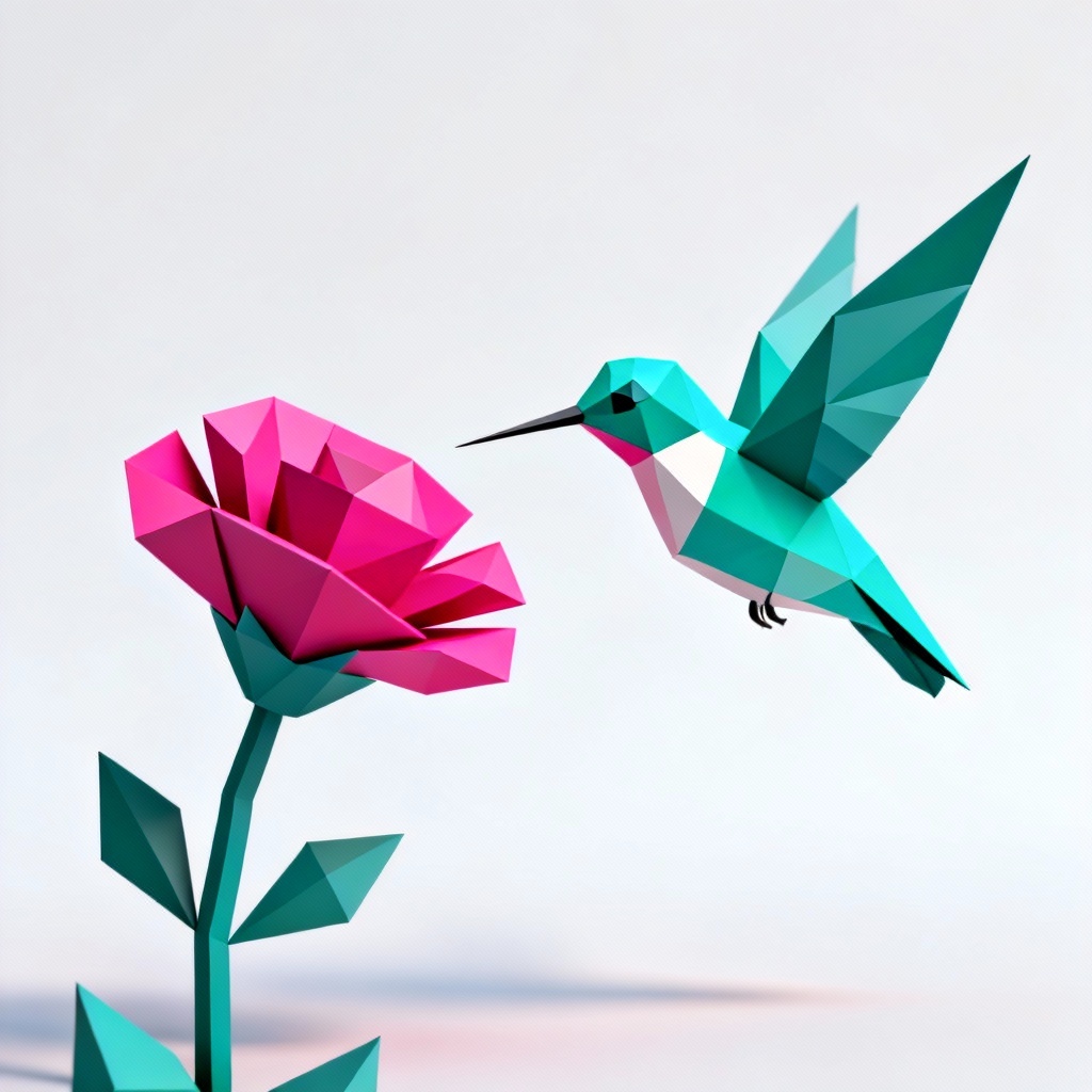 AI low poly hummingbird hovering by a flower