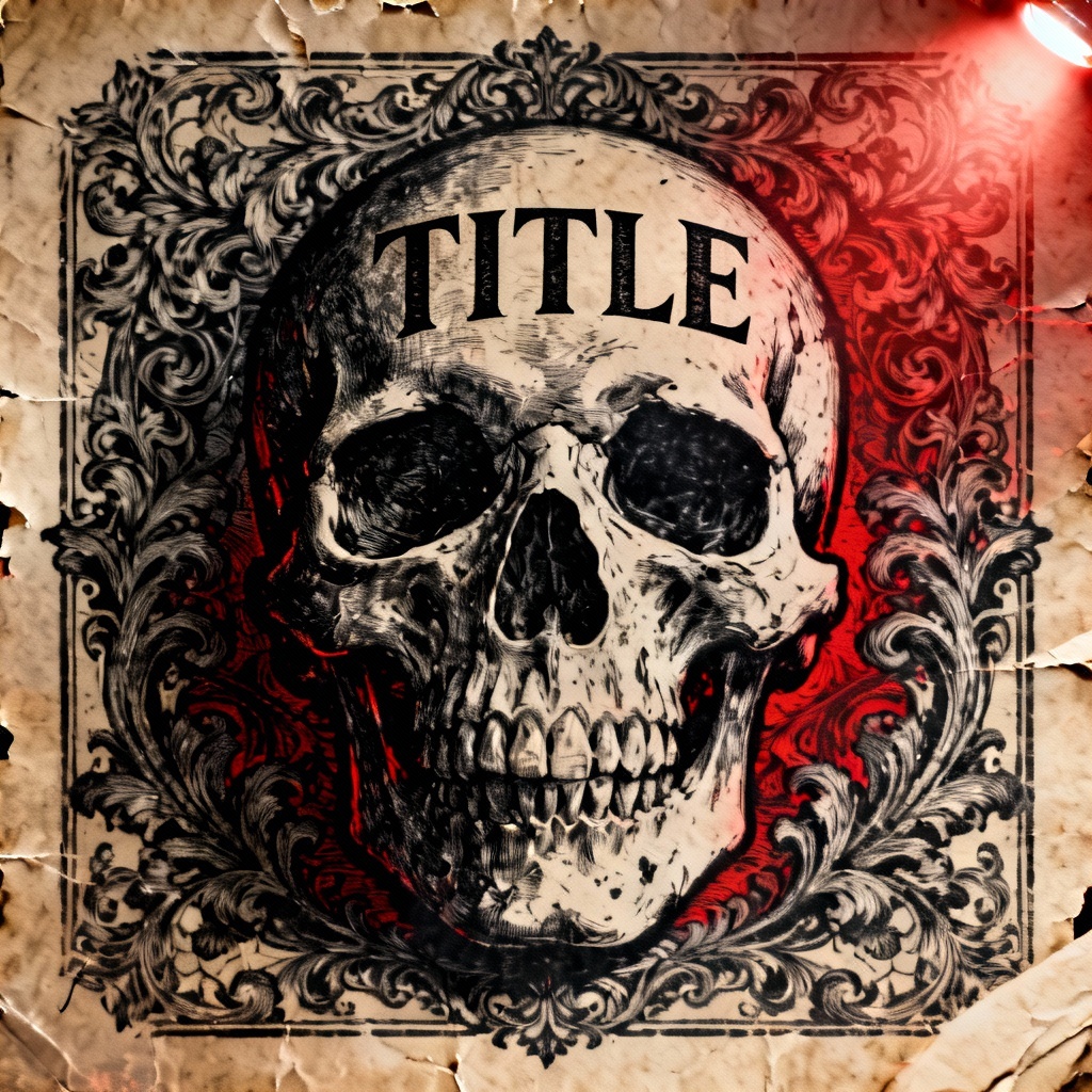 Dark metal album cover with skull and filigree