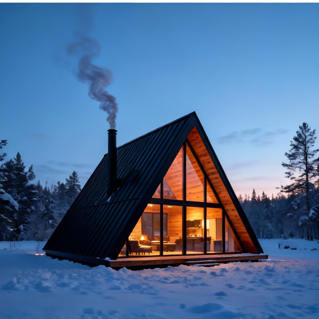Modern A-frame cabin winter render with warm glow