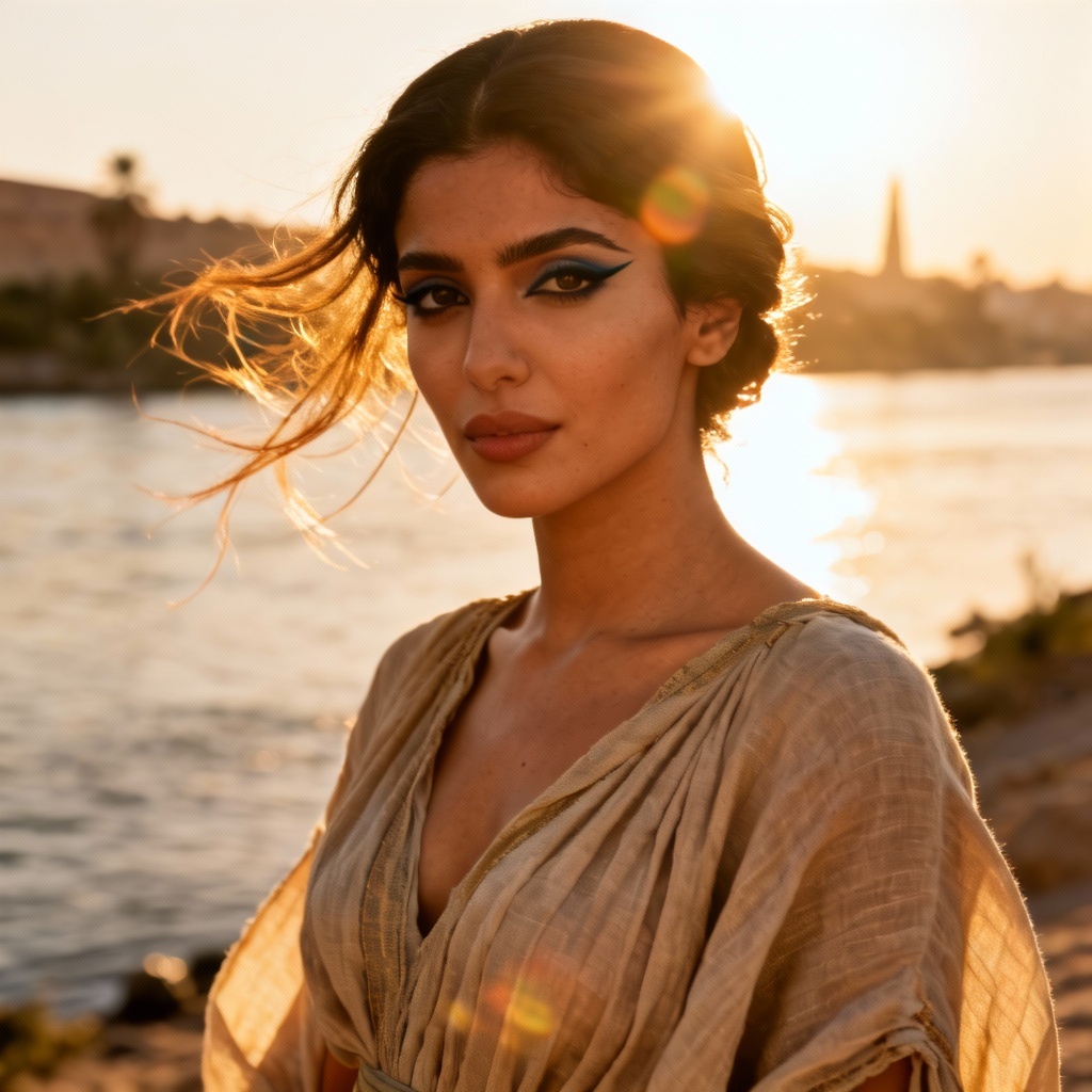 AI Egyptian golden hour portrait by the Nile with linen dress