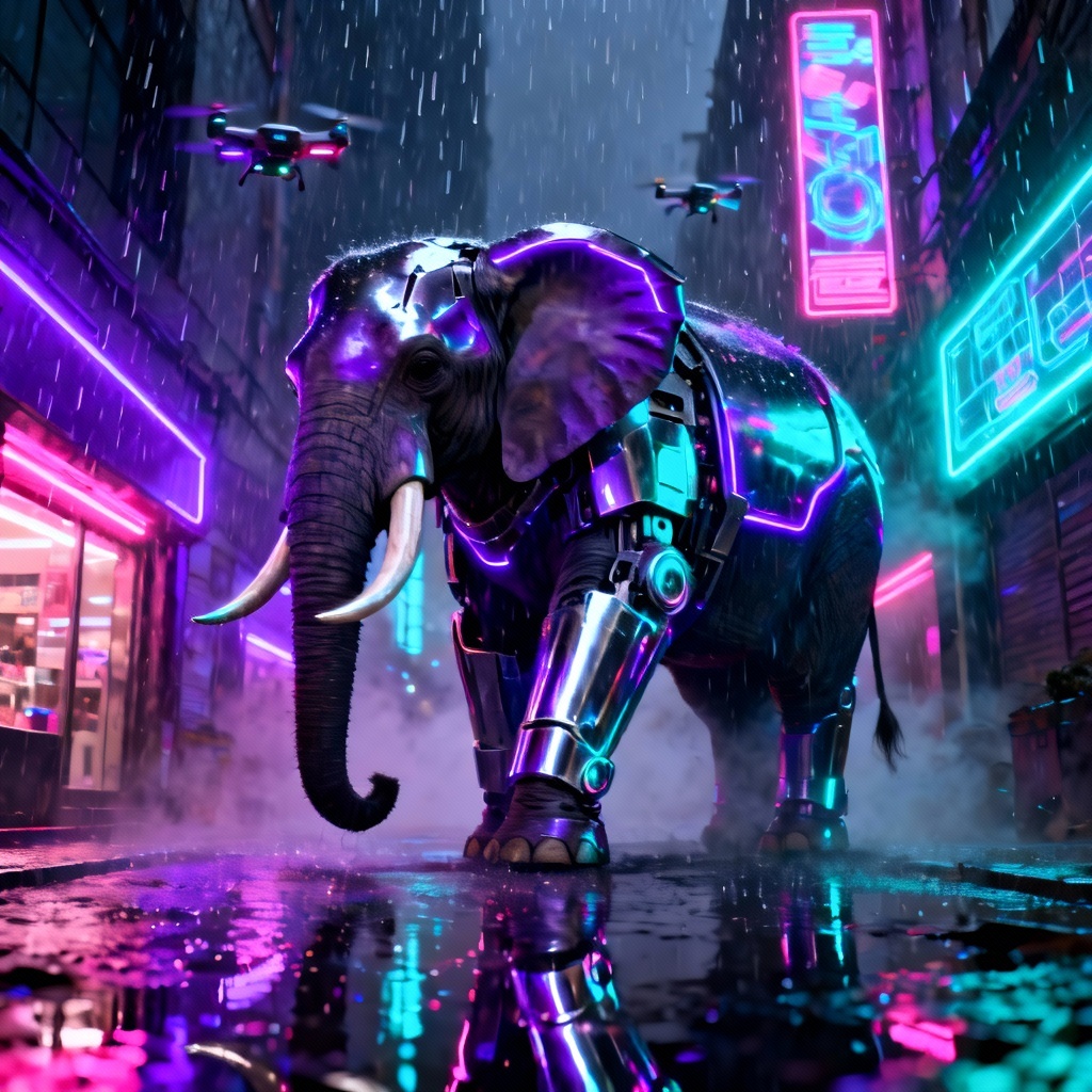 Futuristic neon-lit cyberpunk elephant in rainy city