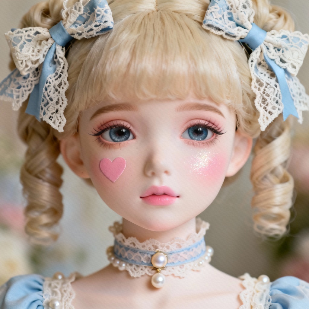 Rococo dollcore close-up with lace choker and heart blush