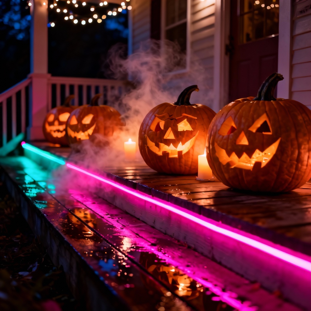 AI neon porch jack o lanterns with cinematic glow