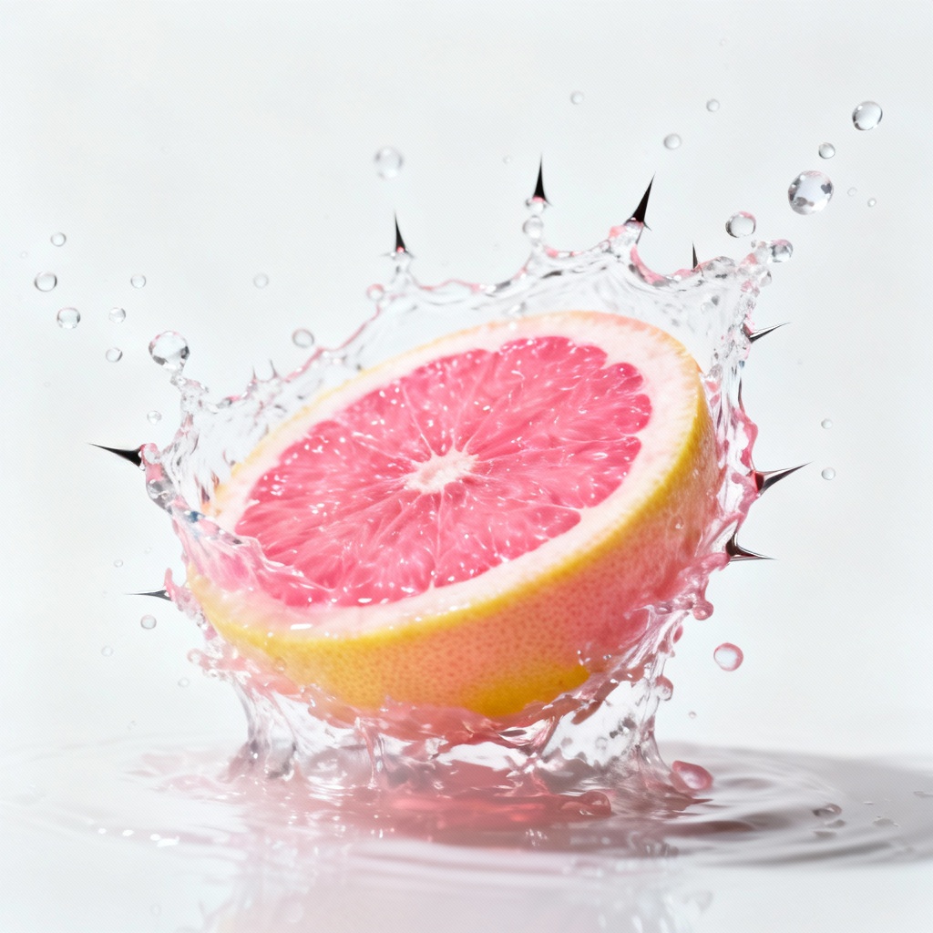 Photorealistic pink grapefruit splash with water droplets