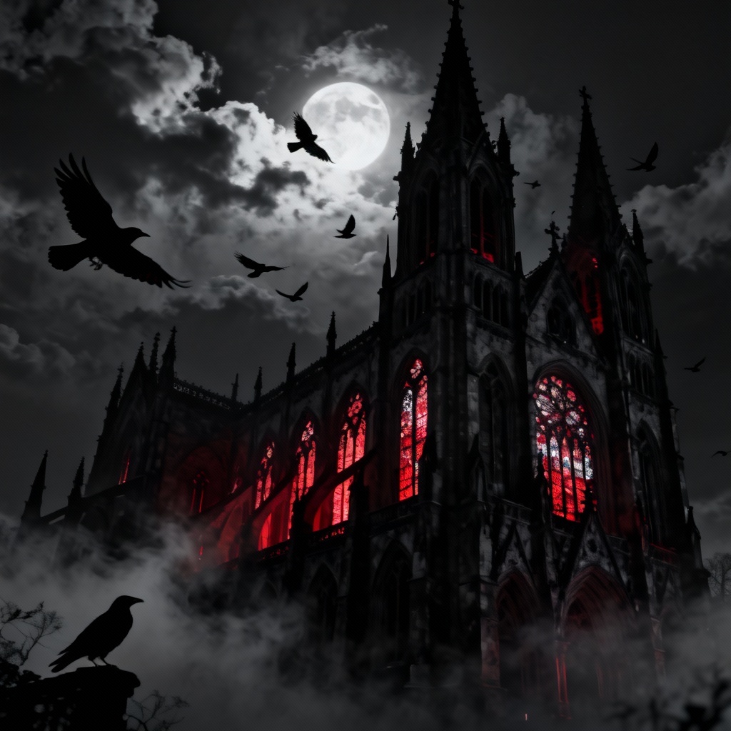 AI gothic cathedral at night in dark monochrome style