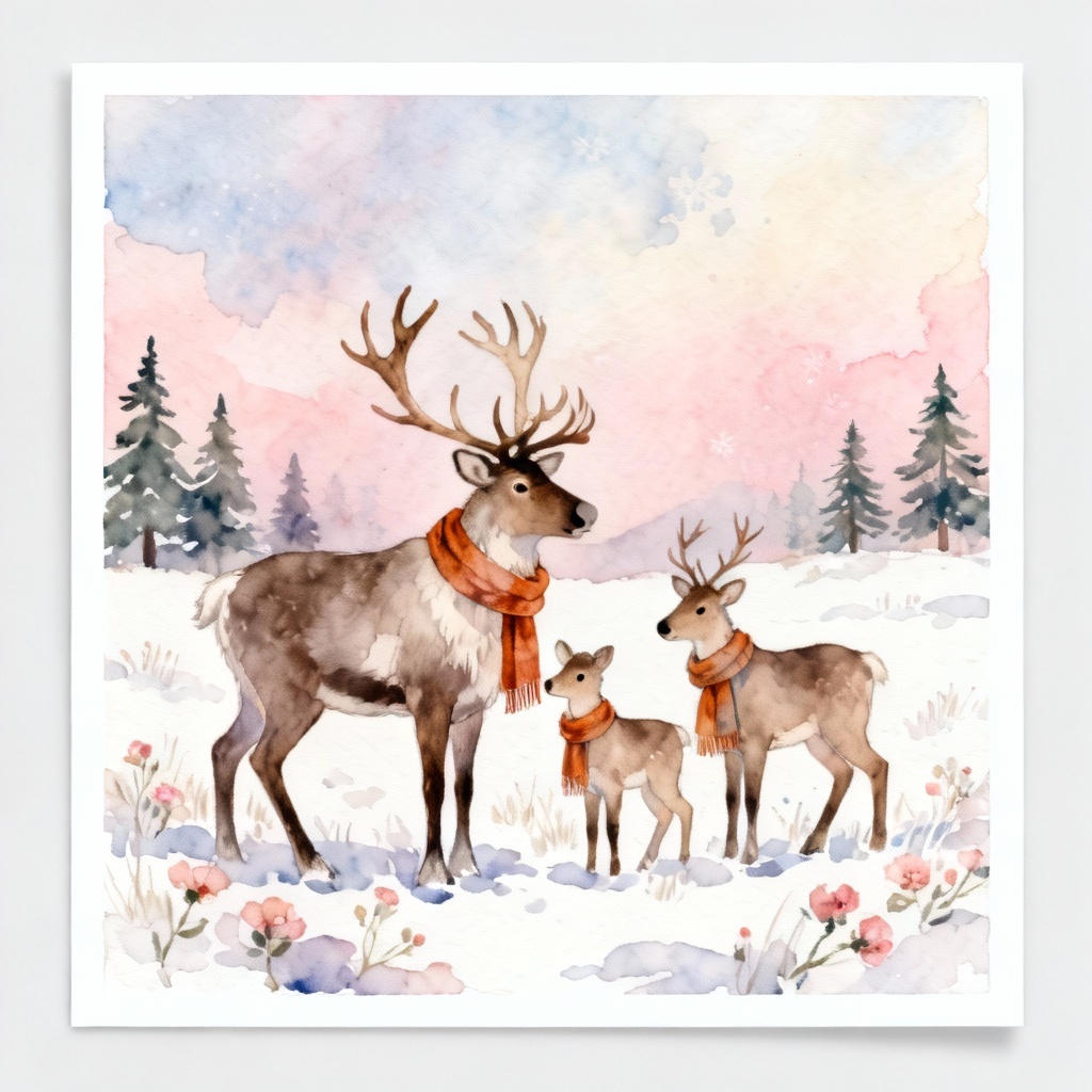 Watercolor Christmas reindeer family in a snowy meadow