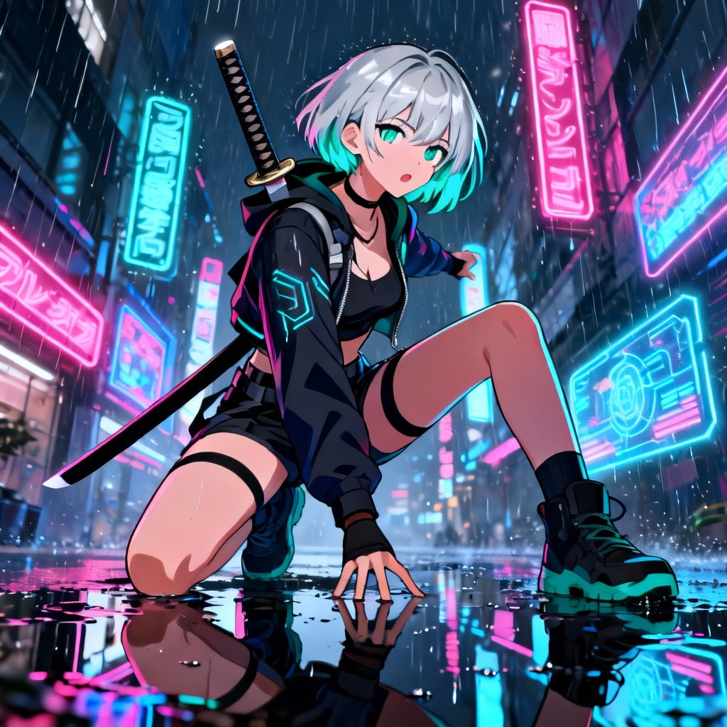 AI waifu in cyberpunk streetwear under neon signs