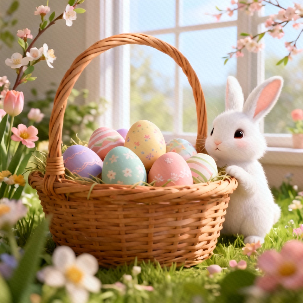 AI Easter scene with pastel eggs and bunny