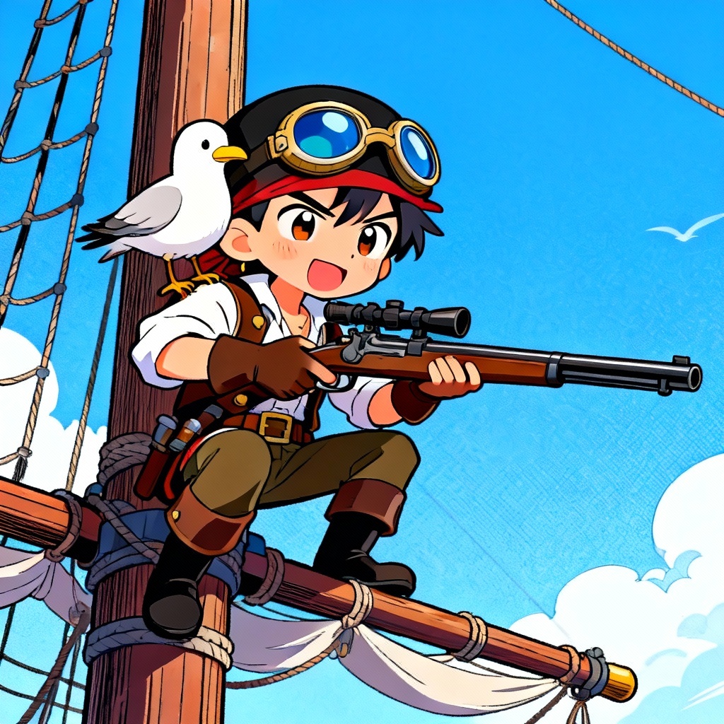 AI One Piece sniper aiming with playful seagull companion