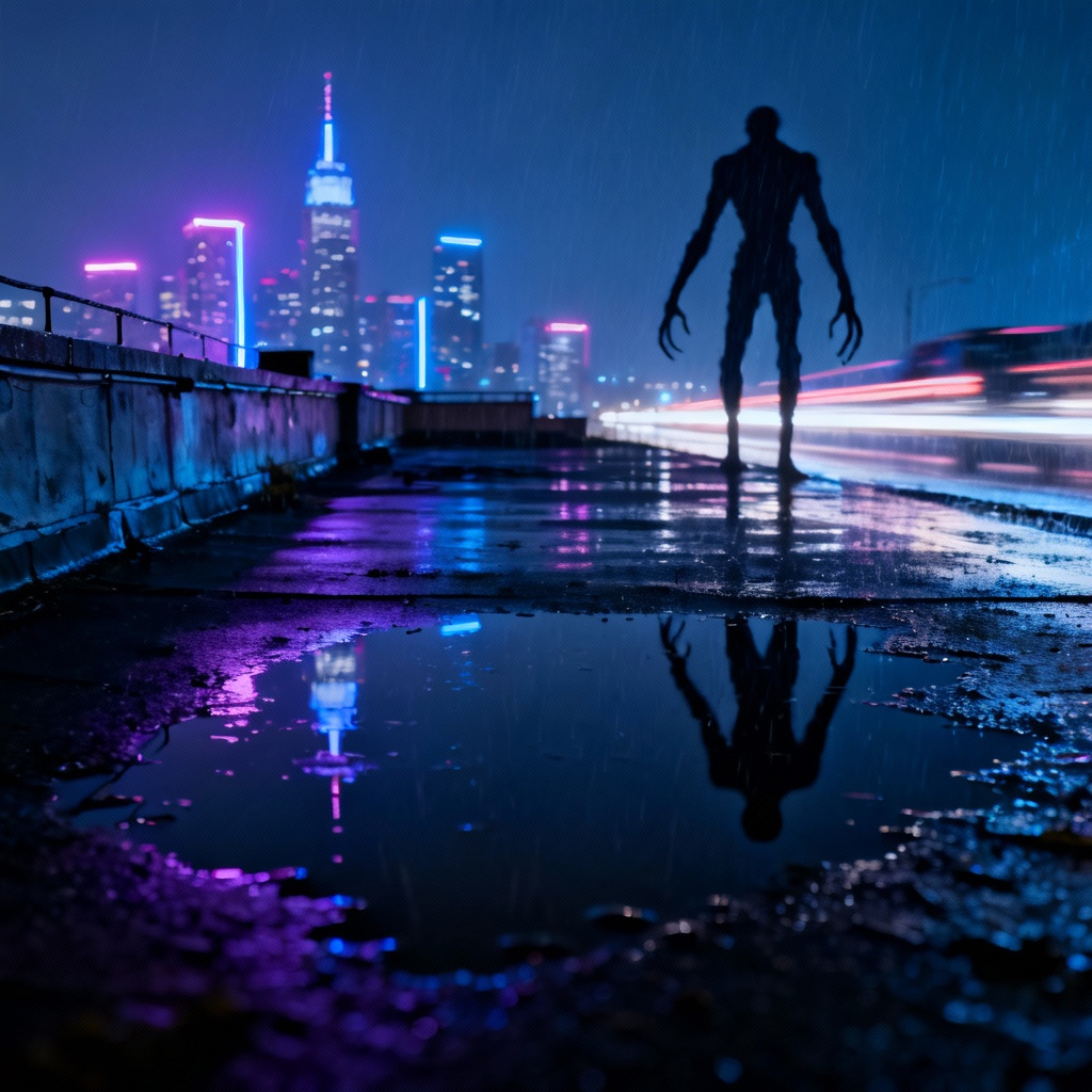 AI horror rooftop silhouette in rainy neon city