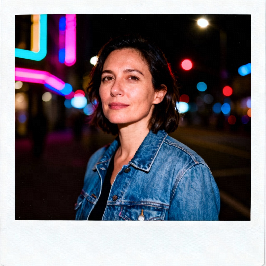 AI polaroid girl night street flash portrait