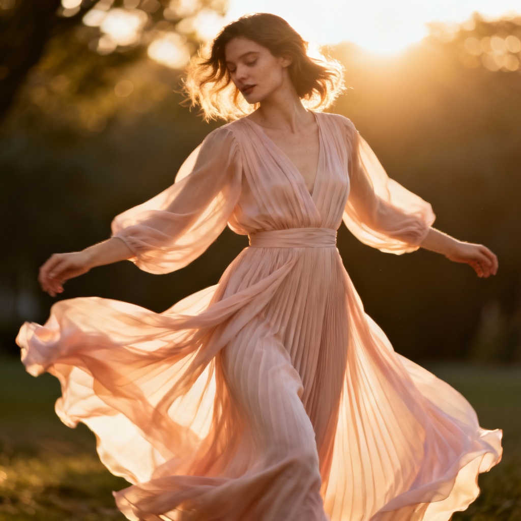 AI flowing chiffon dress glowing in golden hour light