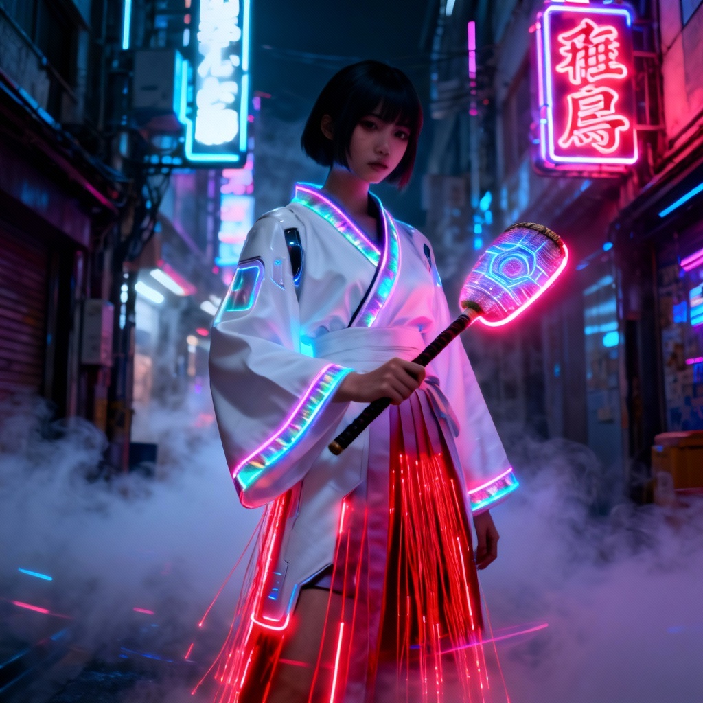 Futuristic cyberpunk miko outfit with neon accents