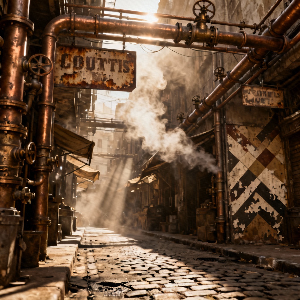 AI steampunk market scene with pipes and textured cobblestones