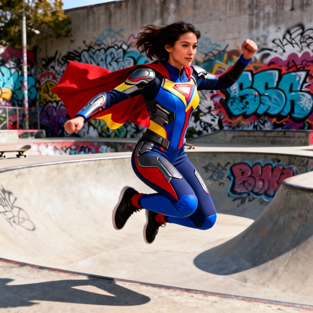 AI streetwear superheroine jumping in a skatepark