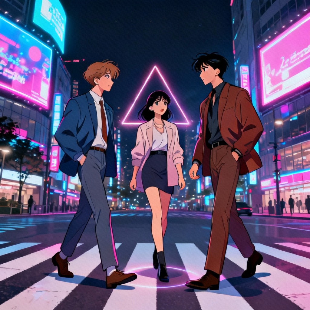 AI anime city reunion love triangle