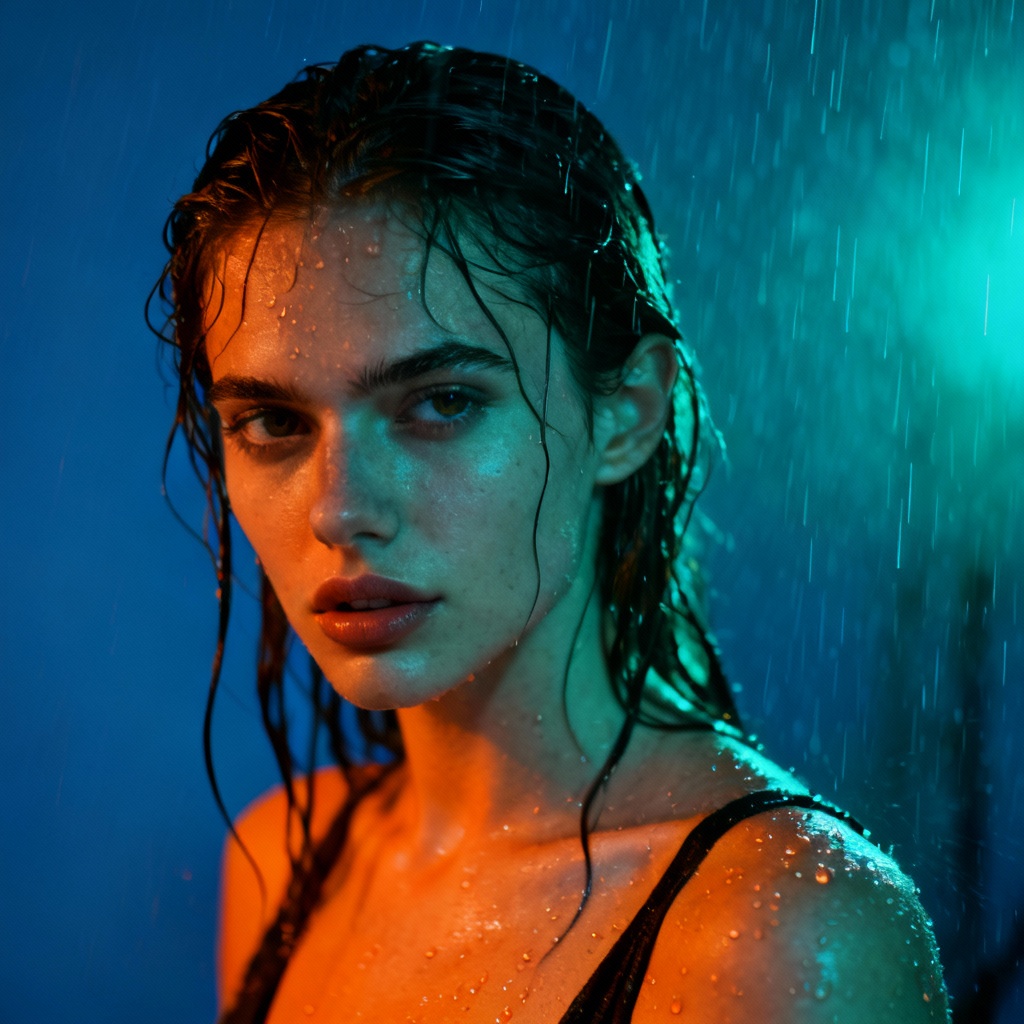 AI fashion editorial with rain-soaked wet skin effect