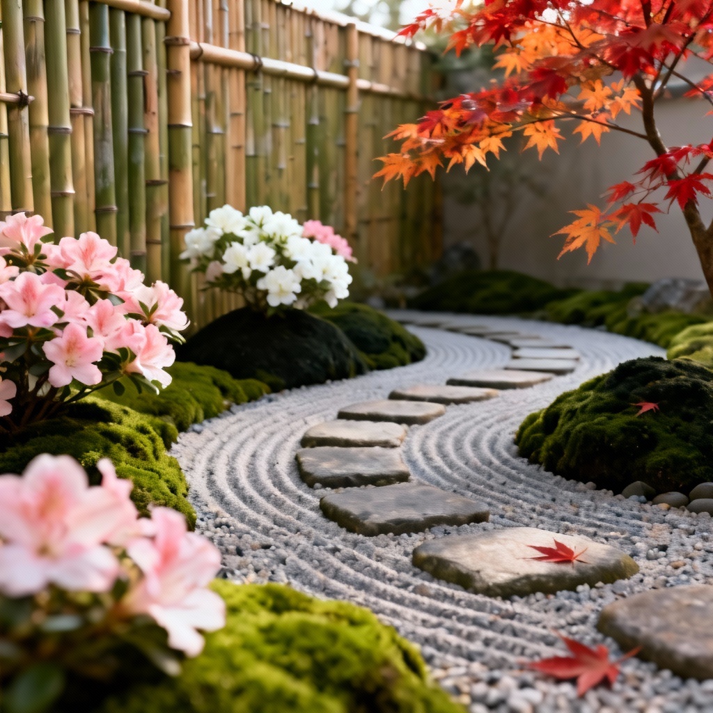 AI zen flower garden with azaleas and raked gravel