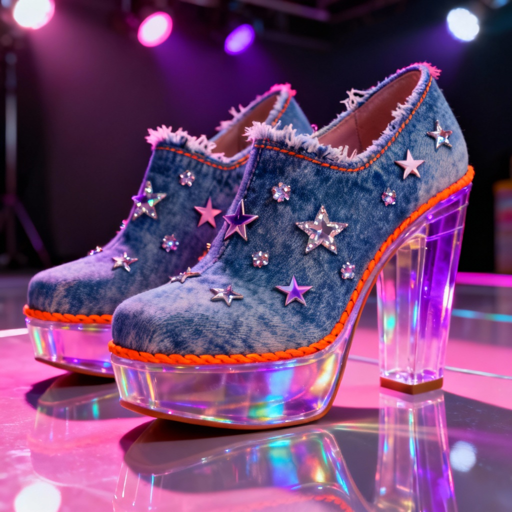 AI denim Y2K wedge heels with rhinestones