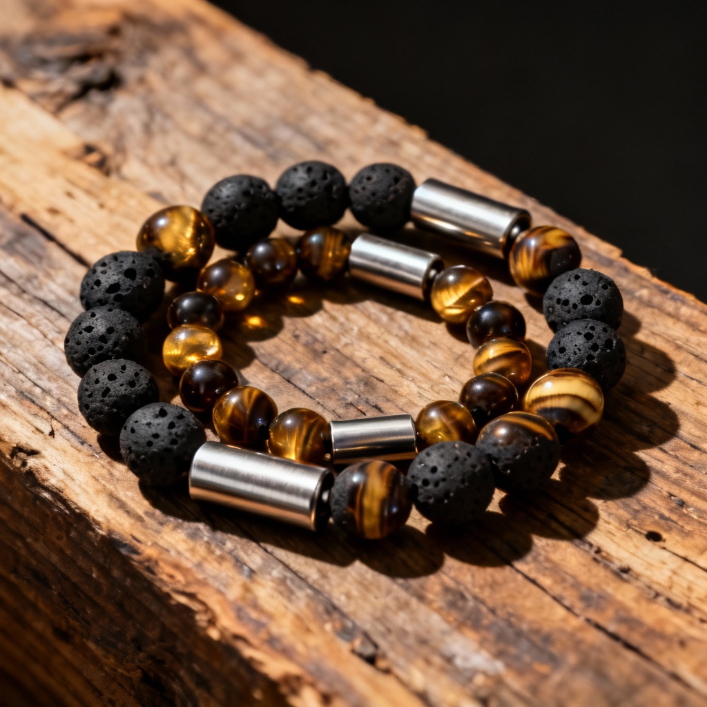AI men's lava stone and tiger eye bracelet set