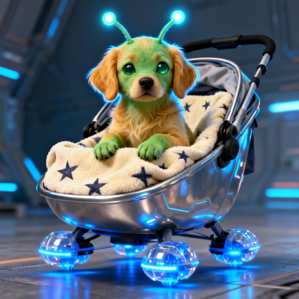 Golden retriever puppy in hover pram Baby Yoda style