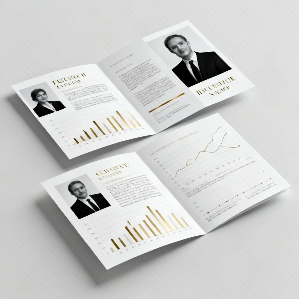 AI minimal corporate bifold brochure in black, white, and gold