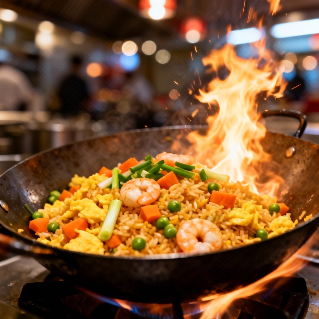 AI photo of fried rice tossed in a flaming wok mid-air