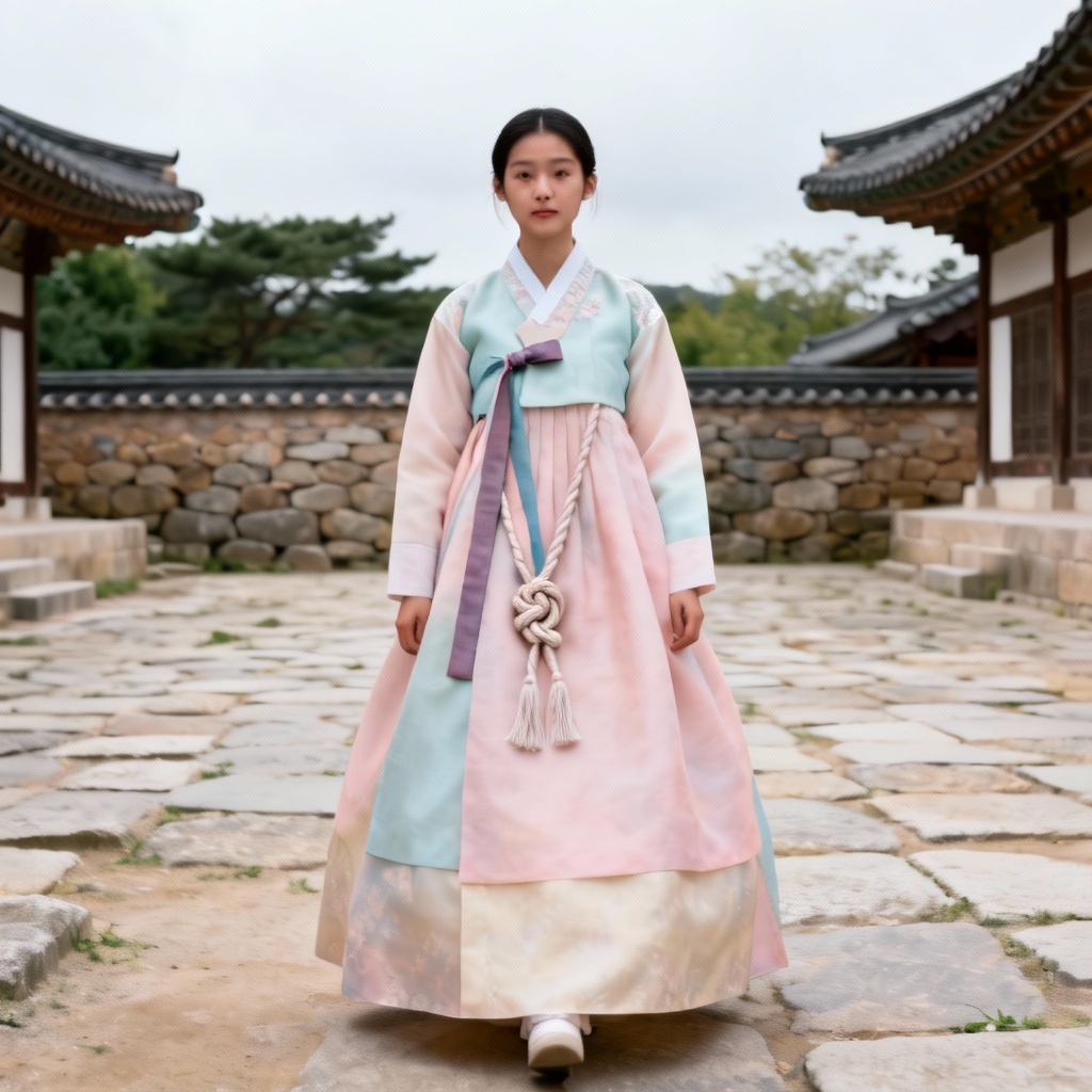 AI hanbok traditional attire in stone courtyard