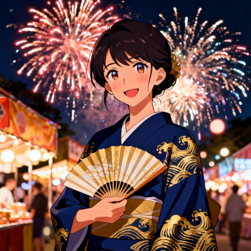 AI summer festival yukata with fireworks