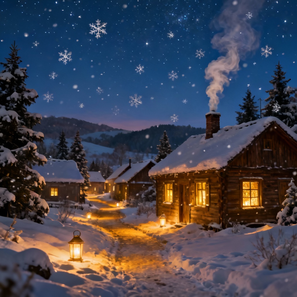AI Snowy Village Night Scene