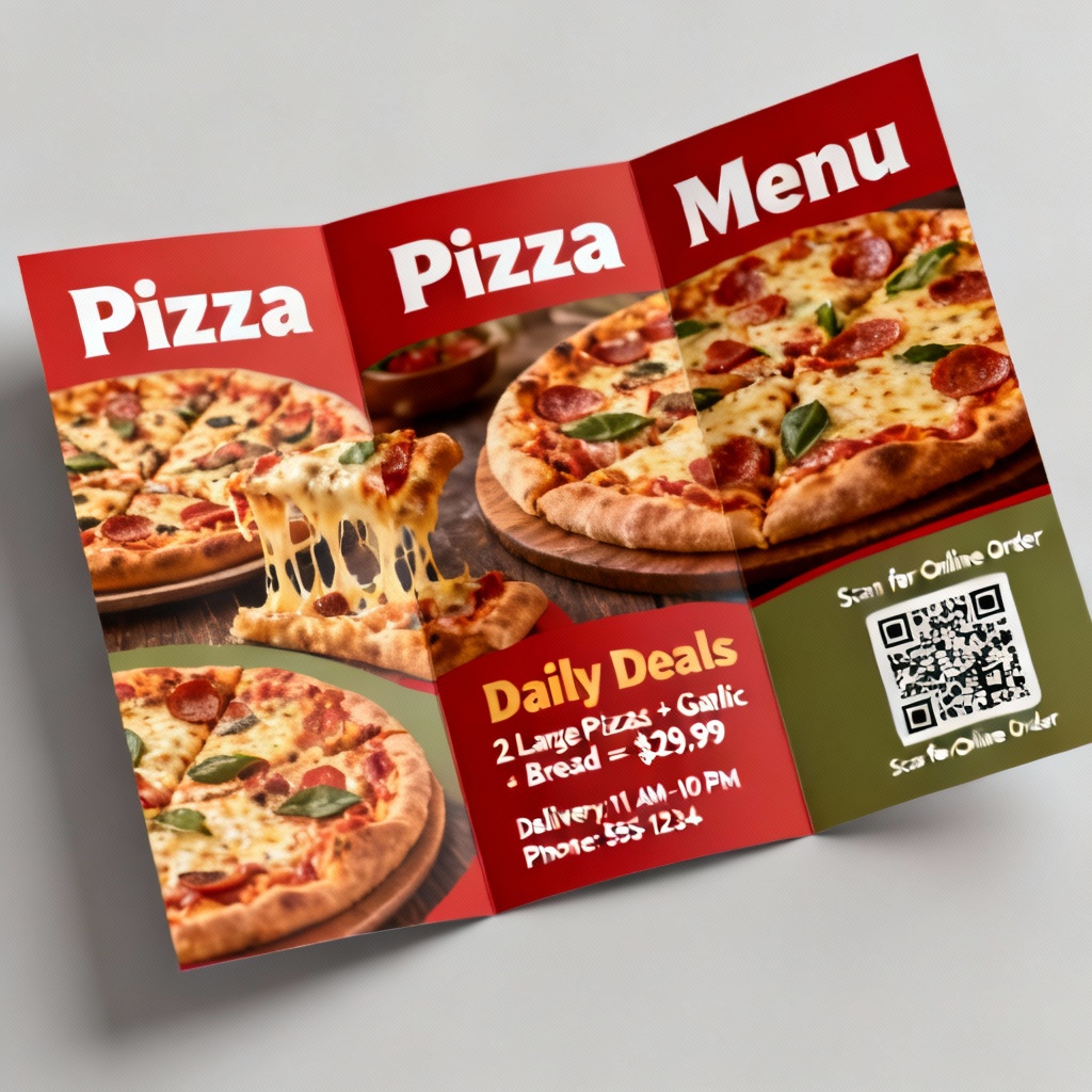 Trifold pizza takeout menu with combo deals and delivery QR code